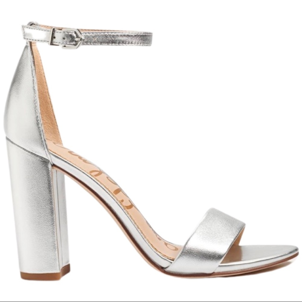 SAM EDELMAN Yaro Block Heel 4” Leather Sandal Silver Shimmer Metallic Size 8.5 - Picture 2 of 14